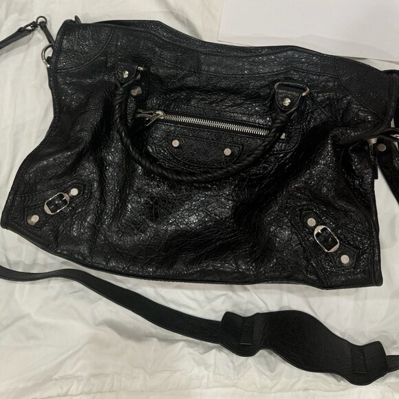 PREOWNED Balenciaga Le City Bag Medium Black/Silver Leather with Custom Strap - Picture 1 of 14